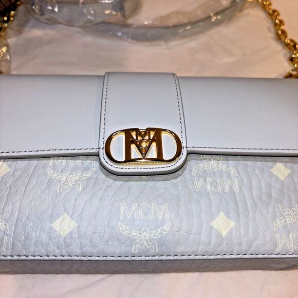 MCM Crossbody Purse Gray Leather Chic Preppy Designer Understated Gold Quiet Lux - Picture 6 of 15
